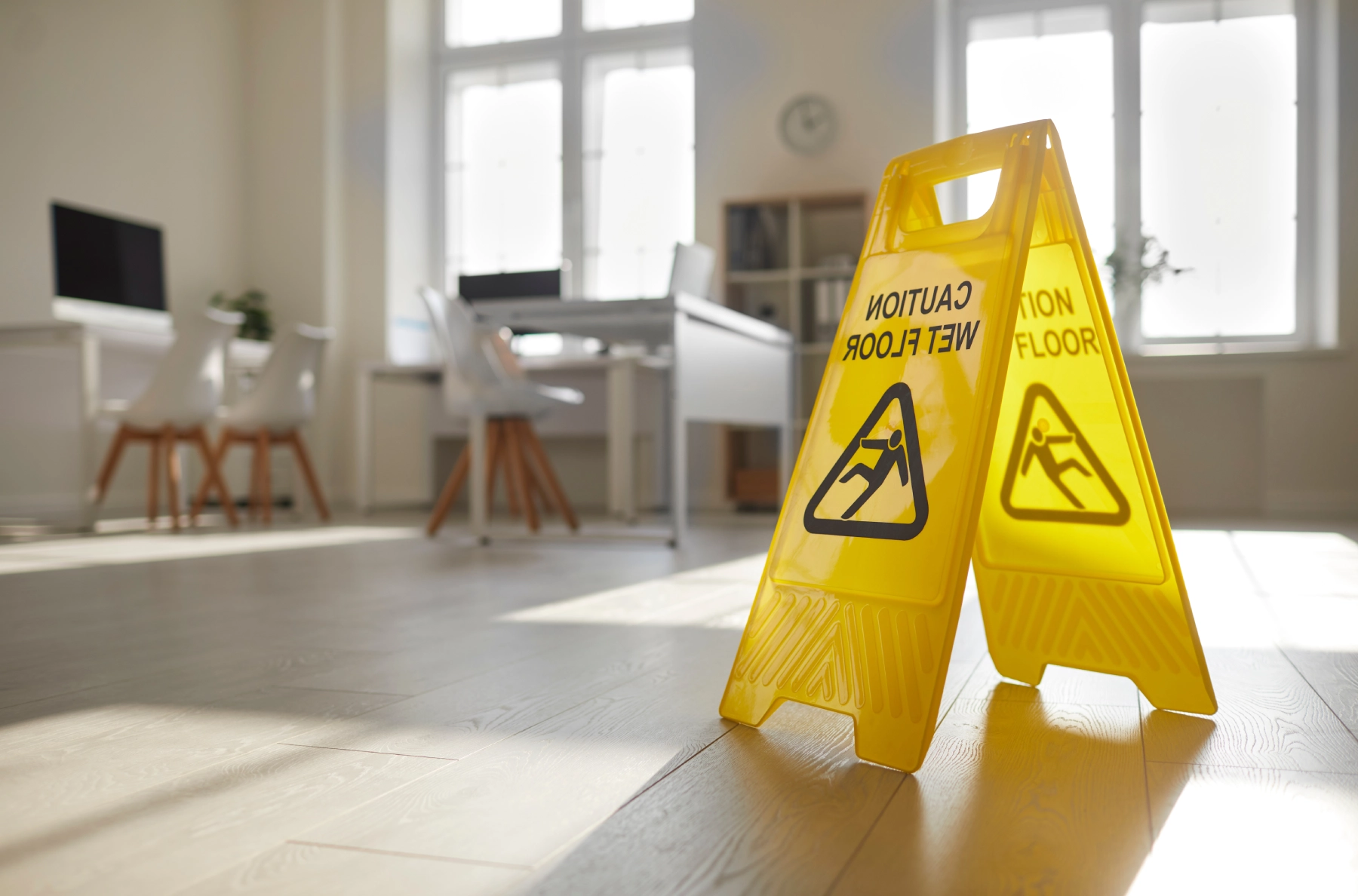 wet floor sign in an office